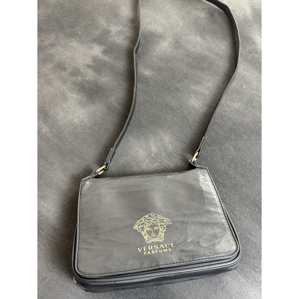 Versace Parfums Vintage Black Crossbody Messenger Bag Gold Medusa Logo Greek Key - Picture 1 of 16